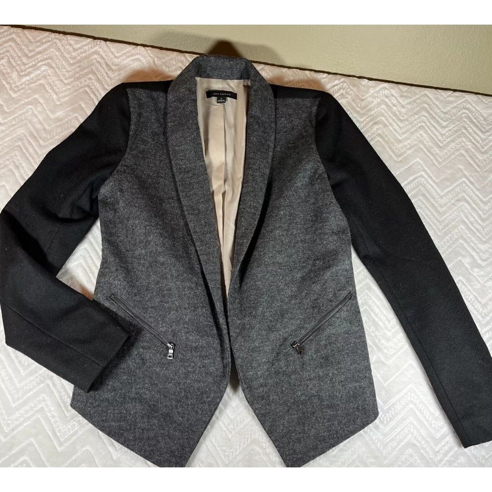 Ann Taylor Blazer Jacket Women‎ Black Gray Open Front Size 2 XS Wool Blend